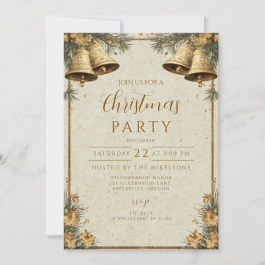 Pine Greenery Gold Bells Kaart (Voorkant)