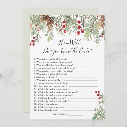 Pine Greenery Hoe goed ken je het Bride Game? Kaart (Voorkant / Achterkant)