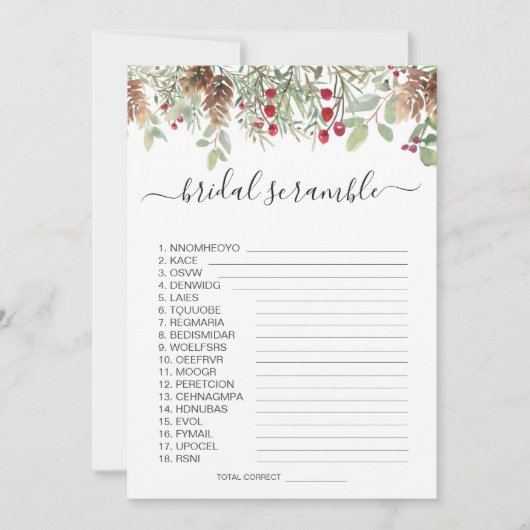 Pine Greenery Word Scramble Vrijgezellenfeest Game Kaart (Voorkant)