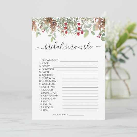 Pine Greenery Word Scramble Vrijgezellenfeest Game Kaart (Staand voorkant)