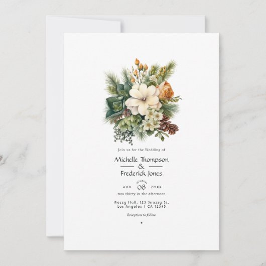 Pine groen en zachte bruintjes bloemenwinter bruil kaart (Voorkant)