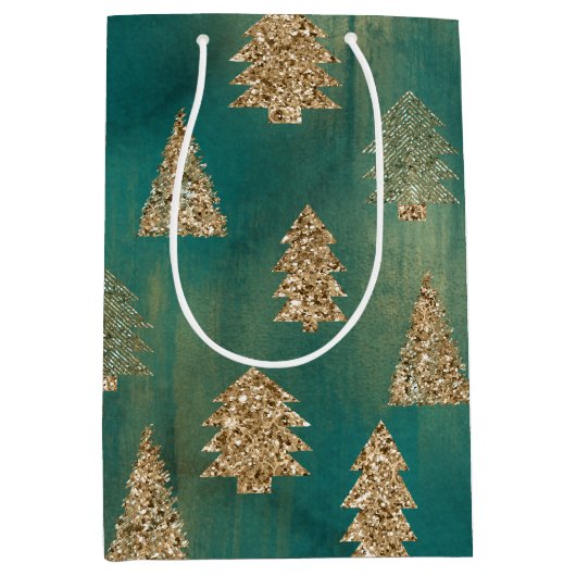 Pine Groen Goud Glitter Glam Kerstbomen Medium Cadeauzakje (Voorkant)
