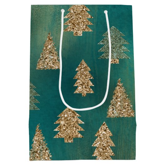 Pine Groen Goud Glitter Glam Kerstbomen Medium Cadeauzakje (Achterkant)