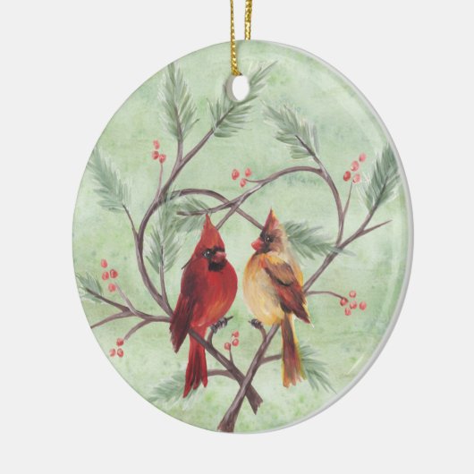 Pine Heart Cardinals on Green Ornament (Links)