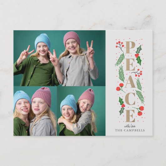 Pine Holly Berries Gold Peace Multiple Photo Feestdagenkaart (Voorkant)