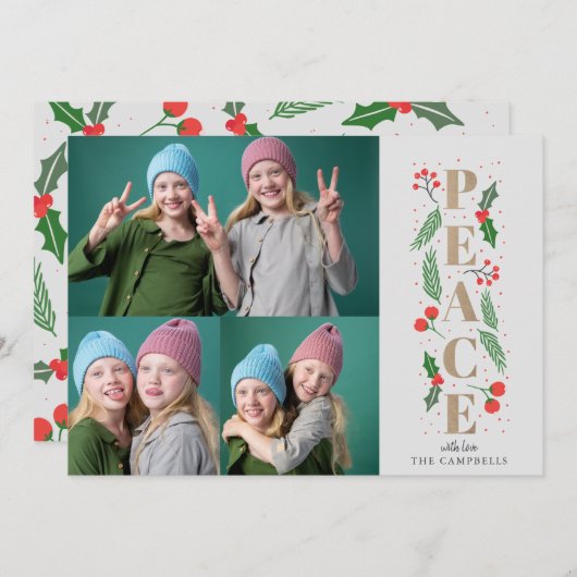 Pine Holly Berries Gold Peace Multiple Photo Feestdagenkaart (Voorkant / Achterkant)