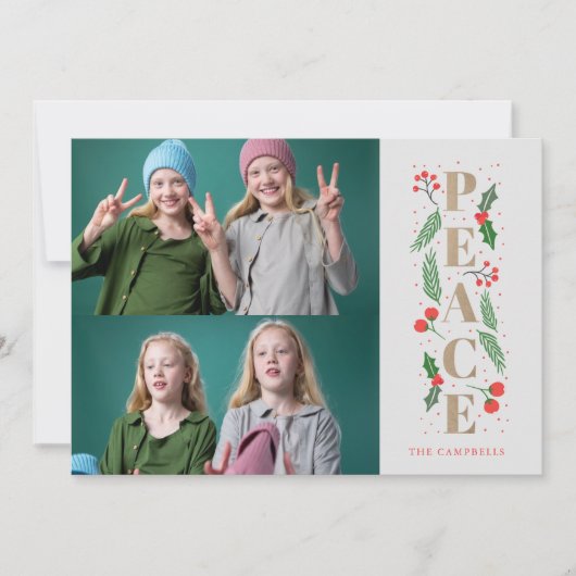 Pine Holly Berries Gold Peace Multiple Photo Holid Feestdagenkaart (Voorkant)