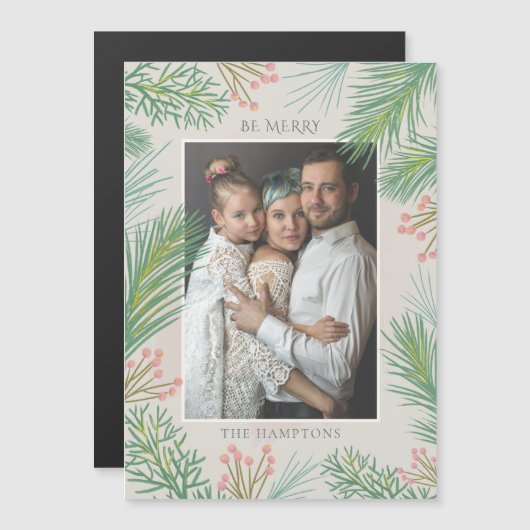 Pine Holly Berry Photo Holiday Magnetic Card (Voorkant / Achterkant)
