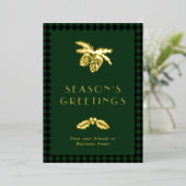 Pine Holly Green Buffalo Check Season's Greetings Folie Feestdagenkaart (Staand Voorkant)