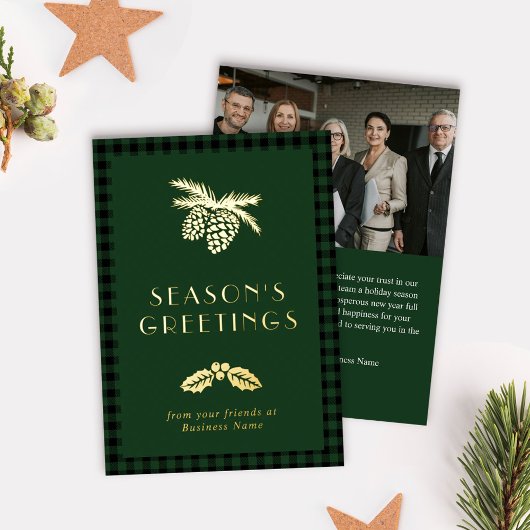Pine Holly Green Buffalo Check Season's Greetings Folie Feestdagenkaart