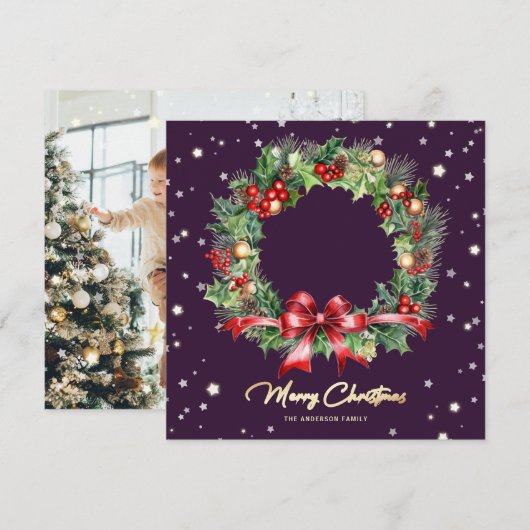 Pine Holly krans Paarse foto Vrolijk kerstfeest Feestdagenkaart (Voorkant / Achterkant)