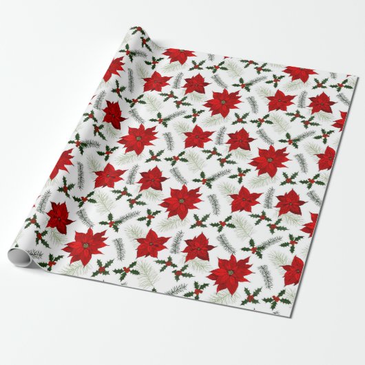 Pine, Holly & Poinsettia inpakpapier (Uitgerold)