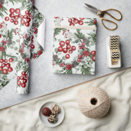 Pine Holly Rode Bloemen Kerstmis Cadeaupapier