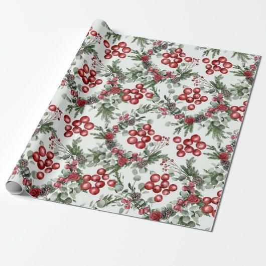 Pine Holly Rode Bloemen Kerstmis Cadeaupapier (Uitgerold)