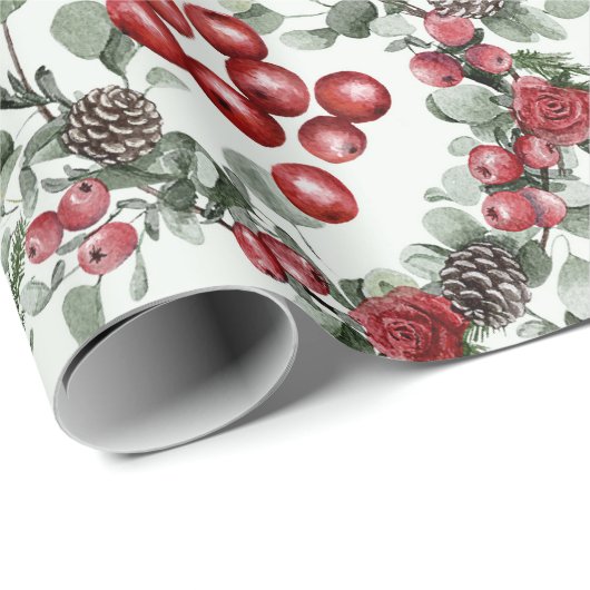 Pine Holly Rode Bloemen Kerstmis Cadeaupapier (Rol Hoek)