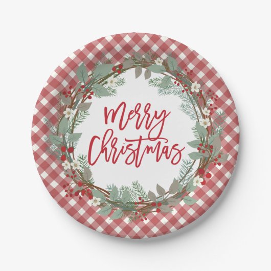 Pine & Holly Rustic Farmhouse Gingham Kerstmis Papieren Bordje (Voorkant)