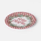 Pine & Holly Rustic Farmhouse Gingham Kerstmis Papieren Bordje (Gekanteld)