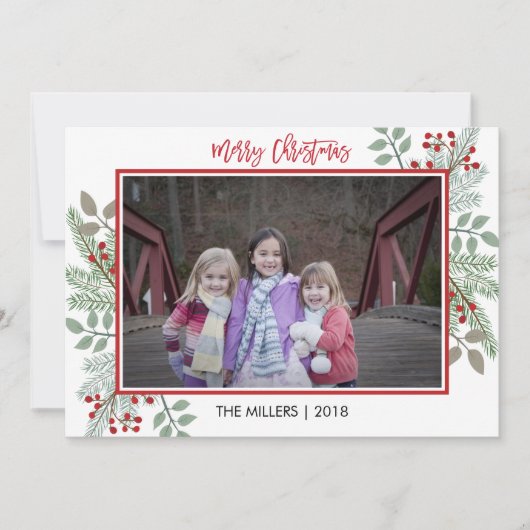 Pine & Holly Rustic Red Gingham met kerstfoto Feestdagenkaart (Voorkant)