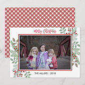 Pine & Holly Rustic Red Gingham met kerstfoto Feestdagenkaart (Voorkant / Achterkant)