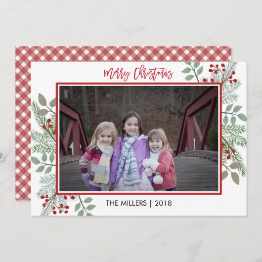Pine & Holly Rustic Rode Gingham Kerst Foto Feestdagenkaart (Voorkant / Achterkant)
