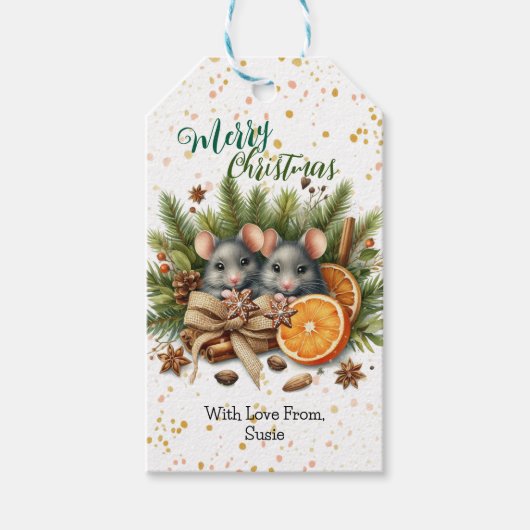Pine Jute en Kerstmuizen Kerst  Cadeaulabel (Voorkant)