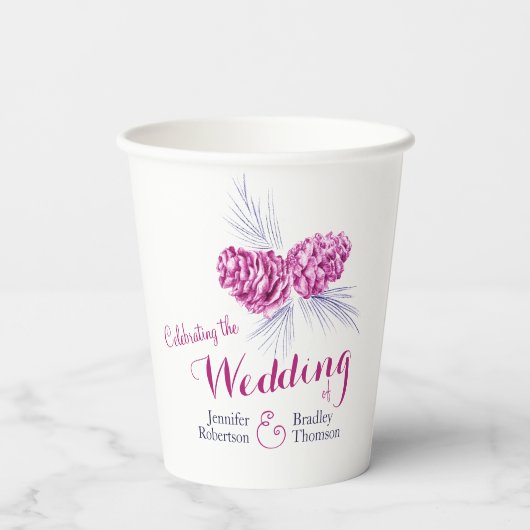 Pine kegel tekening blauwe pruim winter bruiloft papieren bekers (Achterkant)