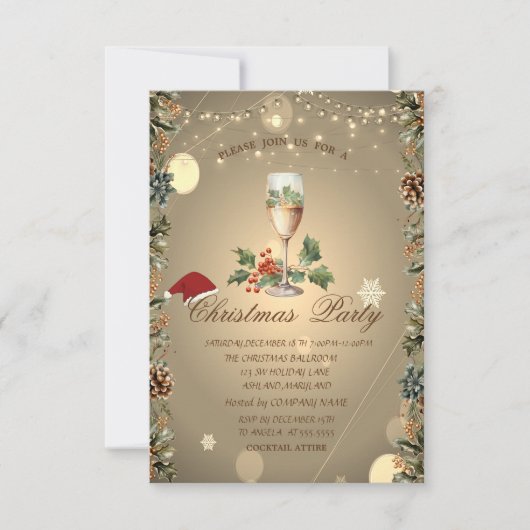 Pine kegels, Branches, Santa Hat Champagne Kerstmi Kaart (Voorkant)