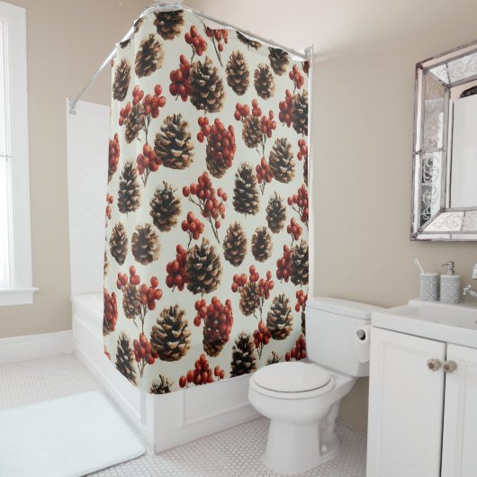 Pine kegels en rode bessen winterpatroon douchegordijn (In situ)