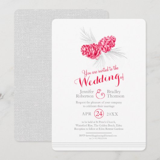 Pine kegels kunst tekening rood grijs bruiloft kaart (Voorkant / Achterkant)