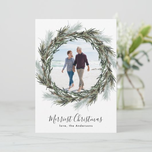 Pine krans kerst een foto feestdagenkaart (Staand voorkant)