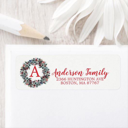 Pine krans Kerstmis Monogram Adreslabel Etiket (Insitu)