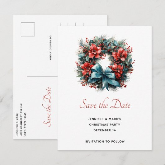 Pine krans met Holly Christmas Save the Date Uitnodiging Briefkaart (Voorkant / Achterkant)