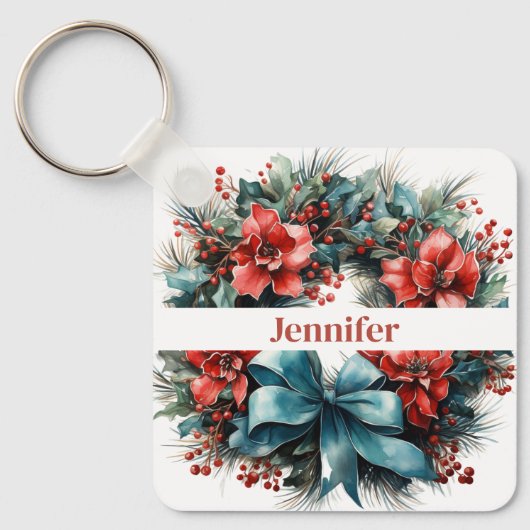 Pine krans met Holly Christmas Sleutelhanger (Voorkant)