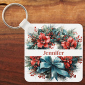 Pine krans met Holly Christmas Sleutelhanger (Voorkant)
