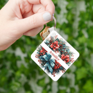 Pine krans met Holly Christmas Sleutelhanger