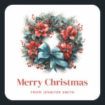 Pine krans met Holly Christmas Vierkante Sticker<br><div class="desc">Stickers met een  kerstkrans. Een feestelijk afbeelding met een dennenkrans versierd met rode bloemen,  hulst en een mooie blauwe strik. Heerlijk.</div>
