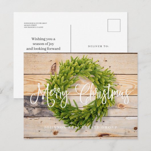 Pine krans op hout | Prettige kerstgroet Feestdagenkaart (Voorkant / Achterkant)