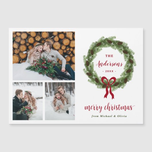 Pine krans Vrolijk Kerstmis Magnetische Fotokaart (Voorkant)