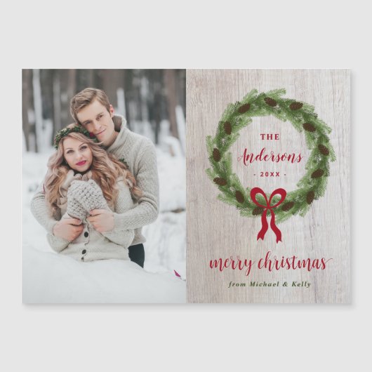 Pine krans Vrolijk Kerstmis Magnetische Fotokaart (Voorkant)