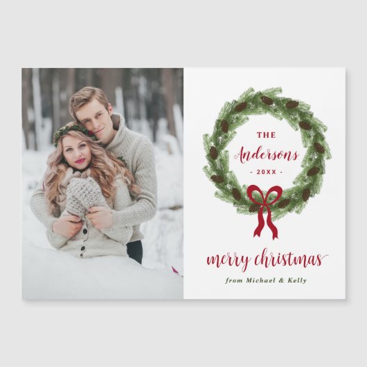 Pine krans Vrolijk Kerstmis Magnetische Fotokaart (Voorkant)