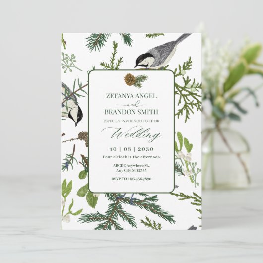 Pine laat vogelbruiloft achter kaart (Staand voorkant)