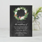 Pine Leaves Floral Wreator Black Kerstbruiloft Kaart (Staand voorkant)