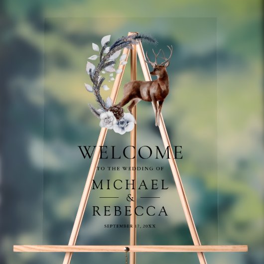 Pine Leaves Forest Deer Wedding Welcome Acryl Bord (Neutraal)