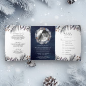 Pine Leaves Winter Navy Blue Wedding Drieluik Uitnodiging