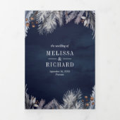 Pine Leaves Winter Navy Blue Wedding Drieluik Uitnodiging (Cover)
