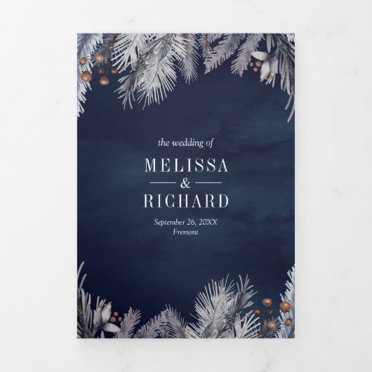 Pine Leaves Winter Navy Blue Wedding Drieluik Uitnodiging (Cover)