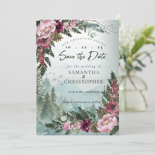 Pine Mountain Forest Burgundy Dusty Roos Save The Date (Staand voorkant)