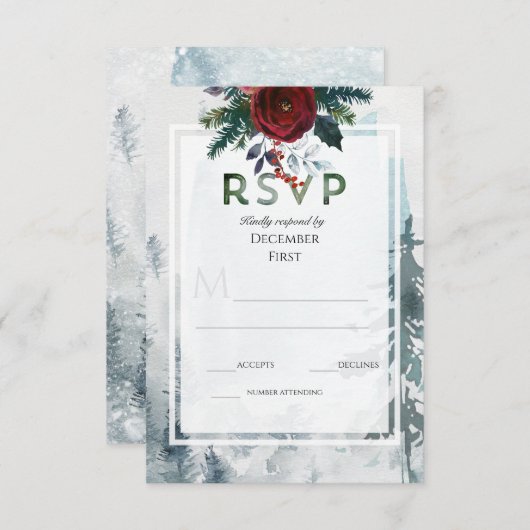Pine Mountain Rozen Winter bruiloft RSVP Informatiekaartje (Voorkant / Achterkant)