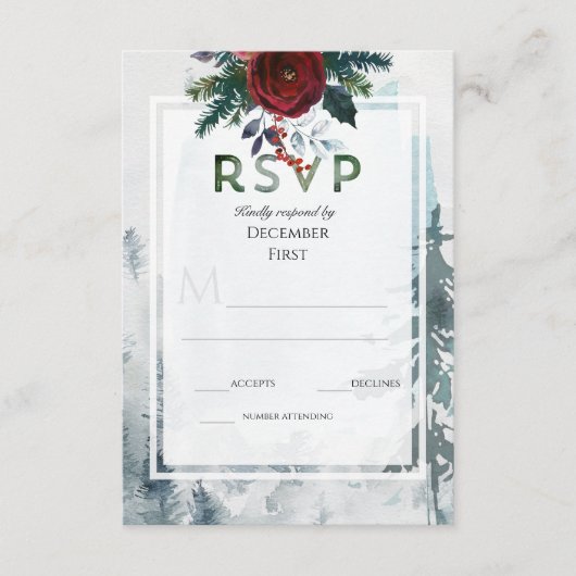 Pine Mountain Rozen Winter bruiloft RSVP Informatiekaartje (Voorkant)