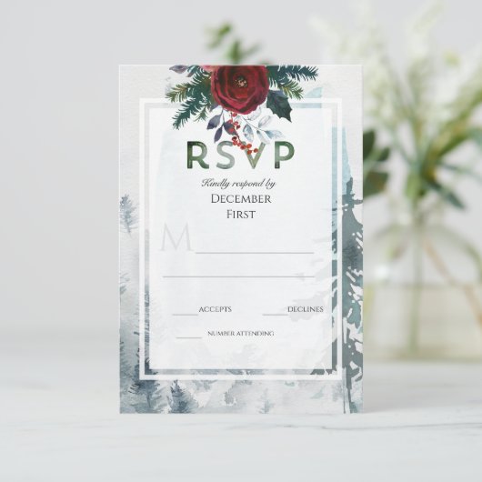 Pine Mountain Rozen Winter bruiloft RSVP Informatiekaartje (Staand voorkant)